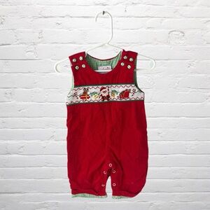 Angeline Kids // Smocked Kids Christmas Overalls with Embroidered Santa Details